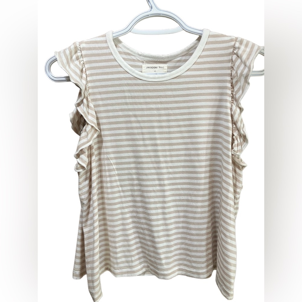 Jackson Rowe tan cream striped ruffle sleeveless top XS